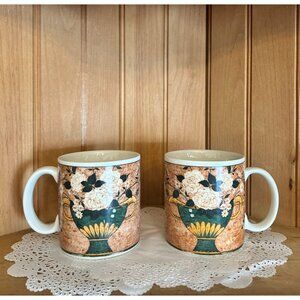 Vintage Warren Kimble Ceramic Coffee Mugs Set Of 2 White Roses